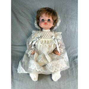 Vintage Large Baby Doll Sleepy Eyes Christening Outfit White Dress Hat 20"